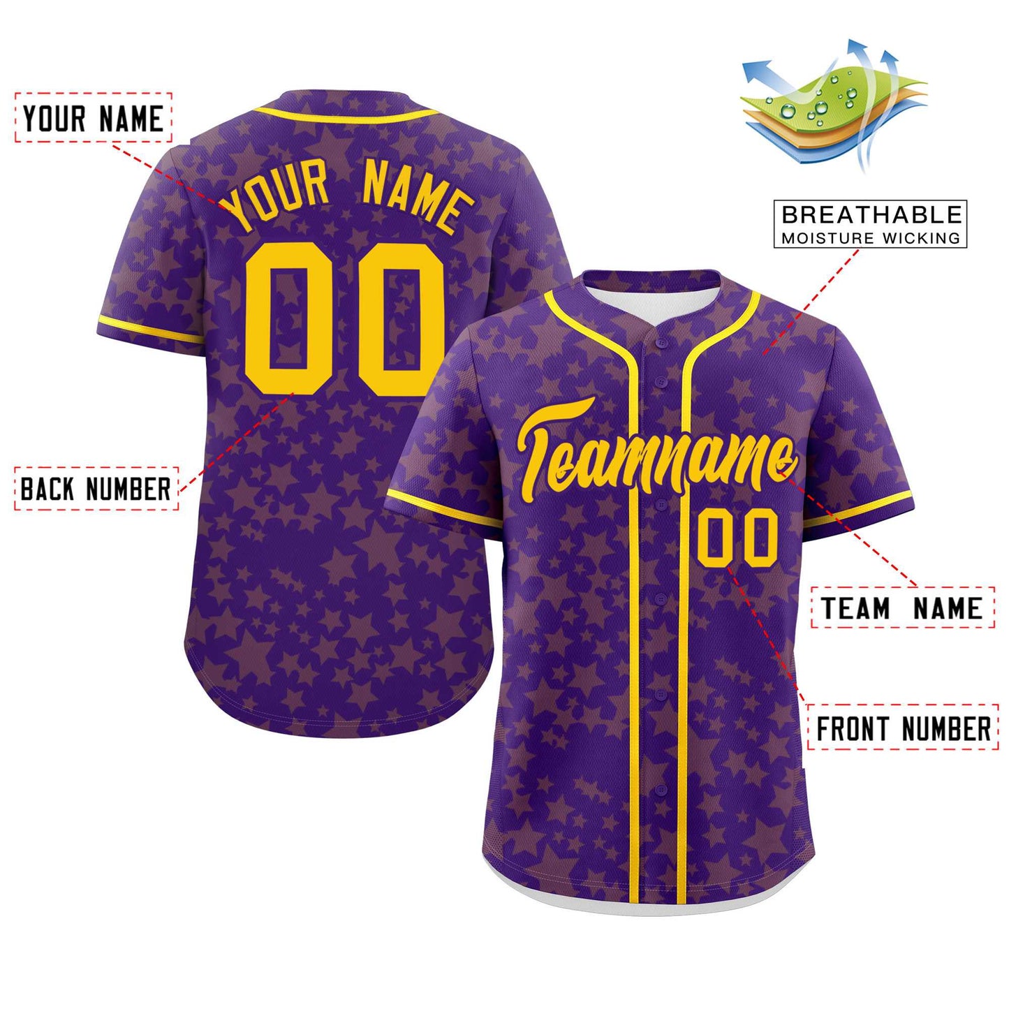 Custom Purple Gold Personalized Star Graffiti Pattern Authentic Baseball Jersey