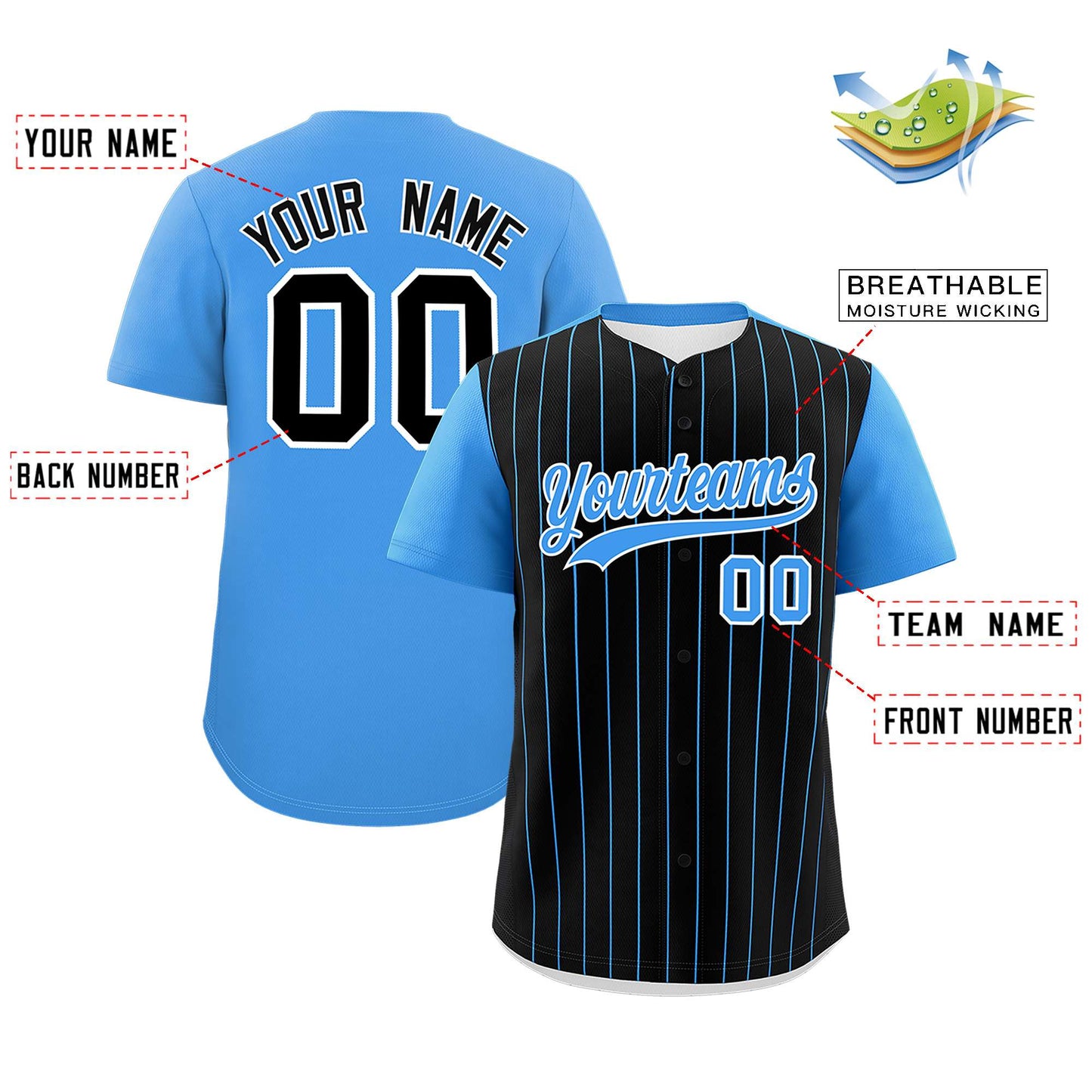 Custom Black Powder Blue Pinstripe Personalized Two-Tone Authentic Baseball Jersey