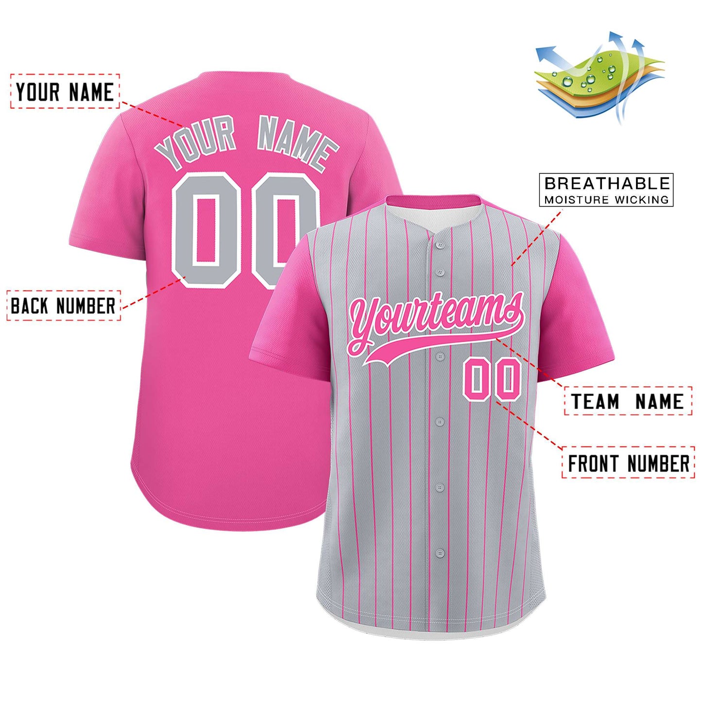 Custom Gray Pink Pinstripe Personalized Two-Tone Authentic Baseball Jersey