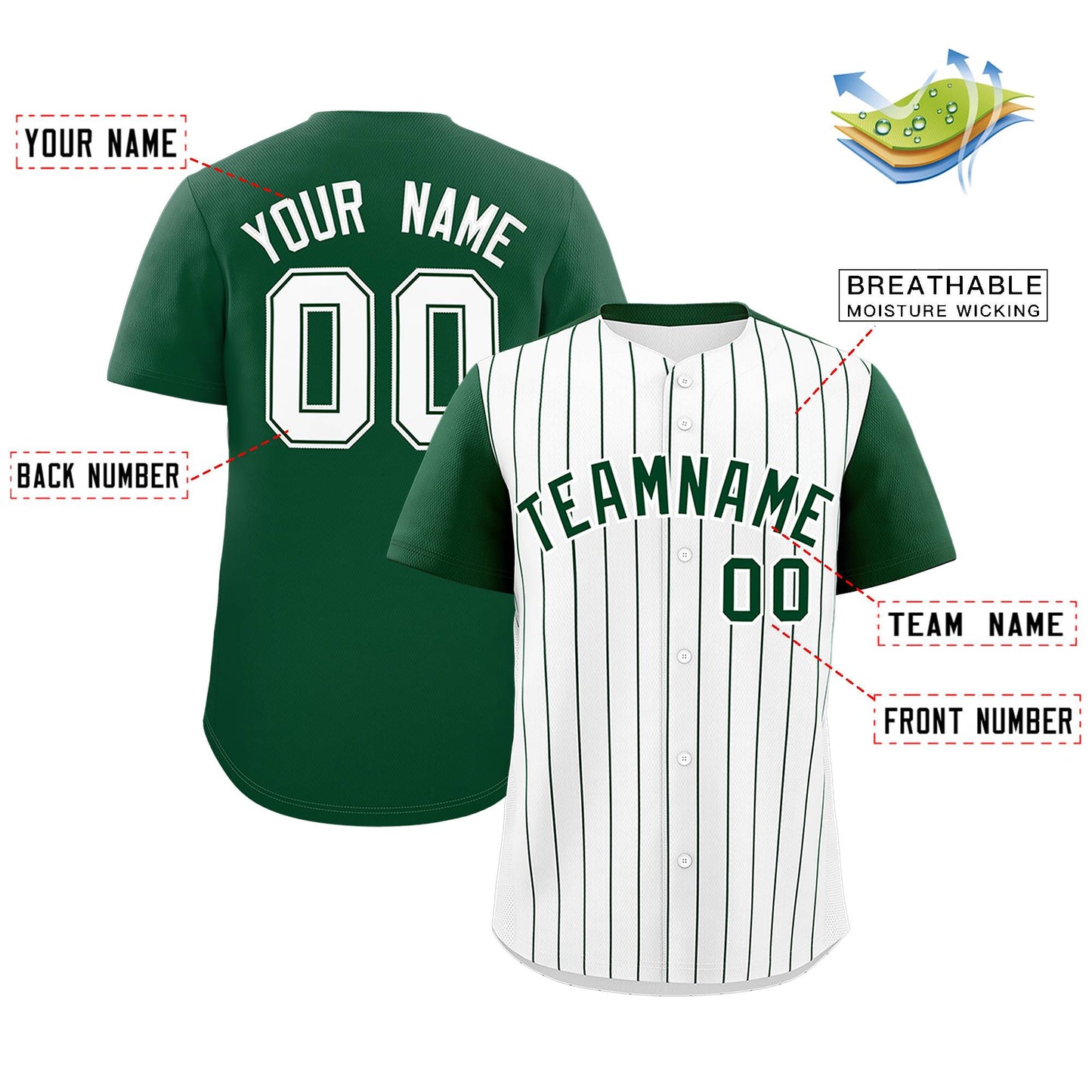 Custom White Green Pinstripe Personalized Two-Tone Authentic Baseball Jersey