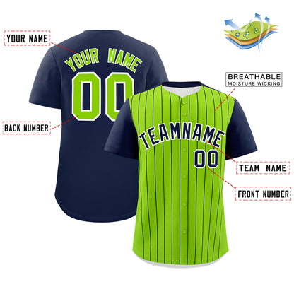 Custom Neon Green Navy Pinstripe Personalized Two-Tone Authentic Baseball Jersey