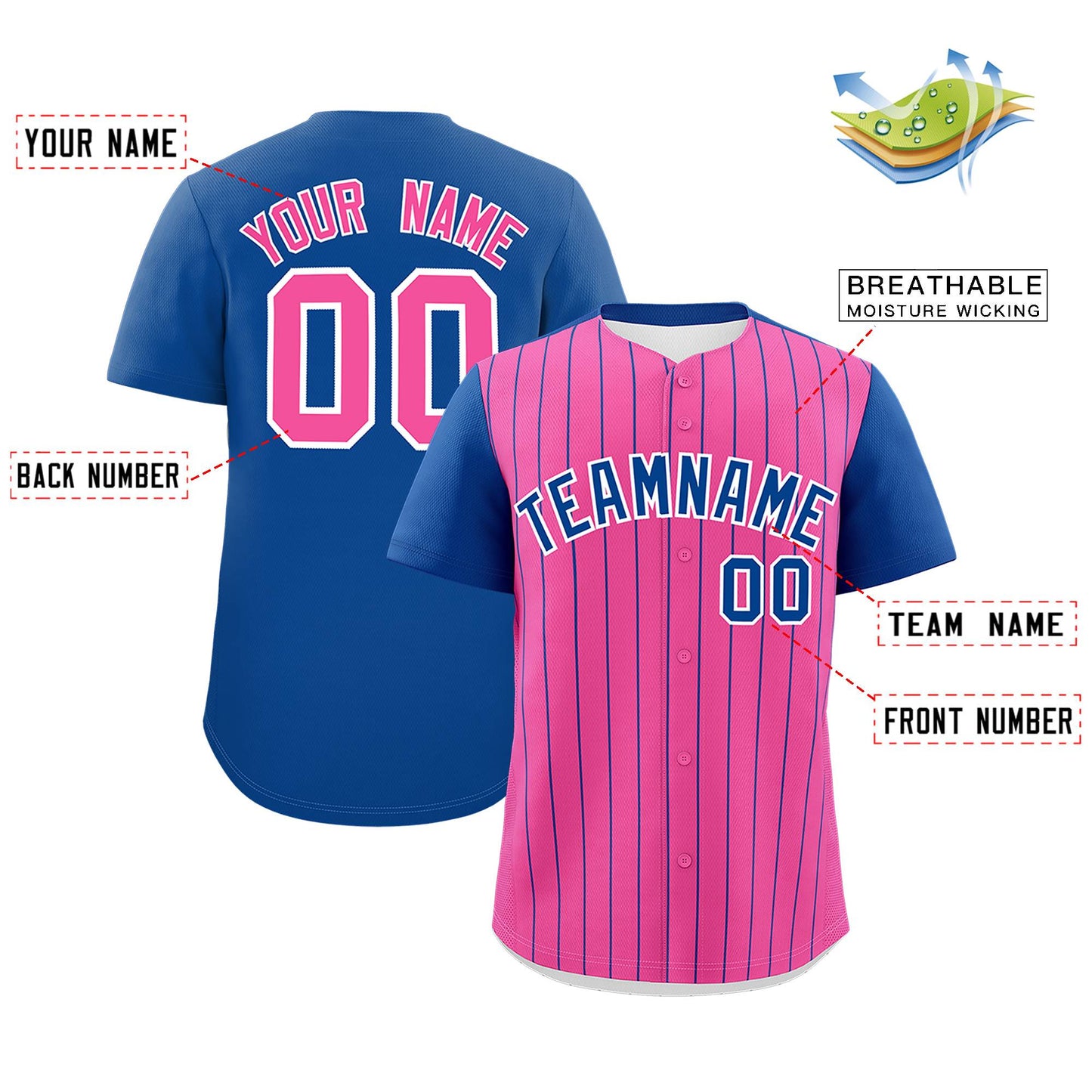 Custom Pink Royal Pinstripe Personalized Two-Tone Authentic Baseball Jersey