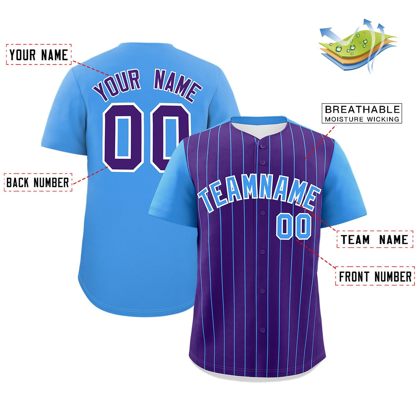 Custom Purple Powder Blue Pinstripe Personalized Two-Tone Authentic Baseball Jersey