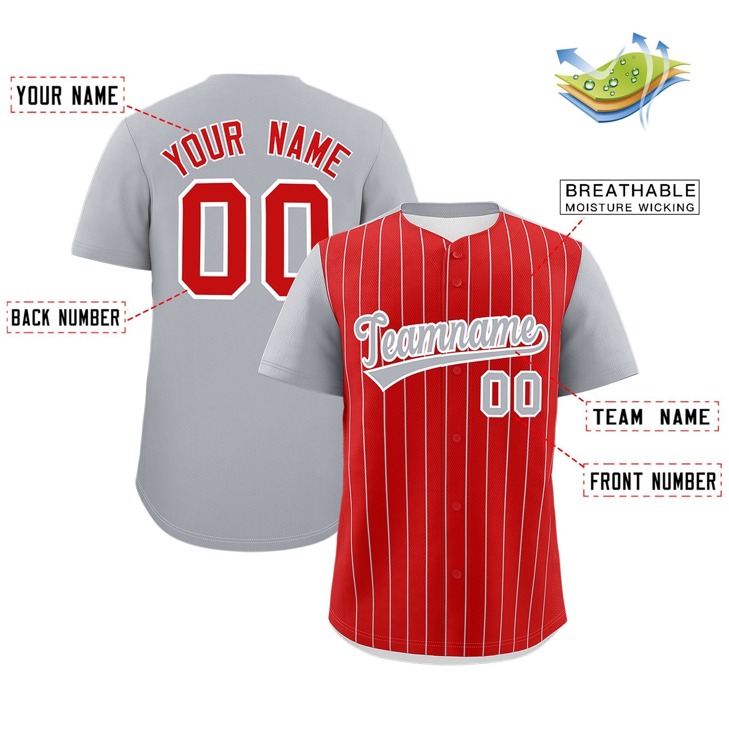 Custom Red Gray Pinstripe Personalized Two-Tone Authentic Baseball Jersey