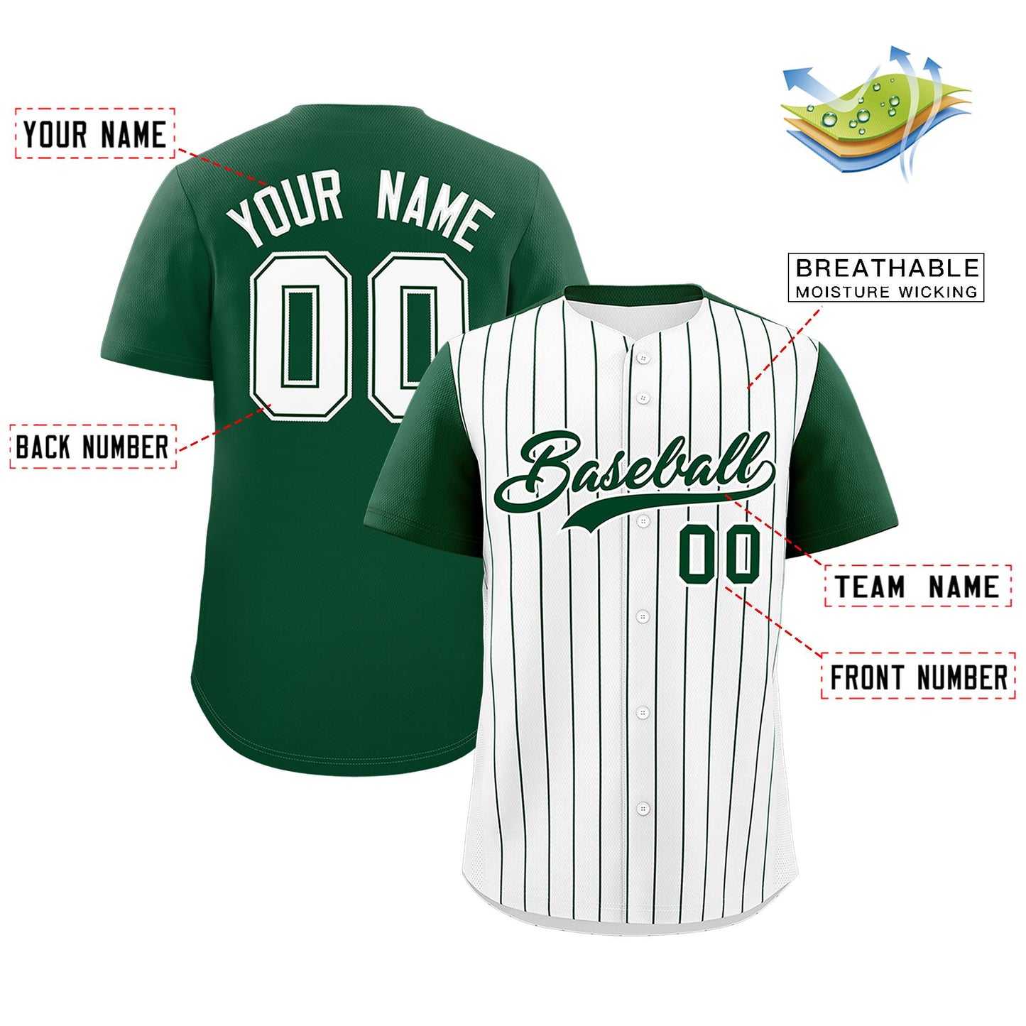 Custom White Green Pinstripe Personalized Two-Tone Authentic Baseball Jersey