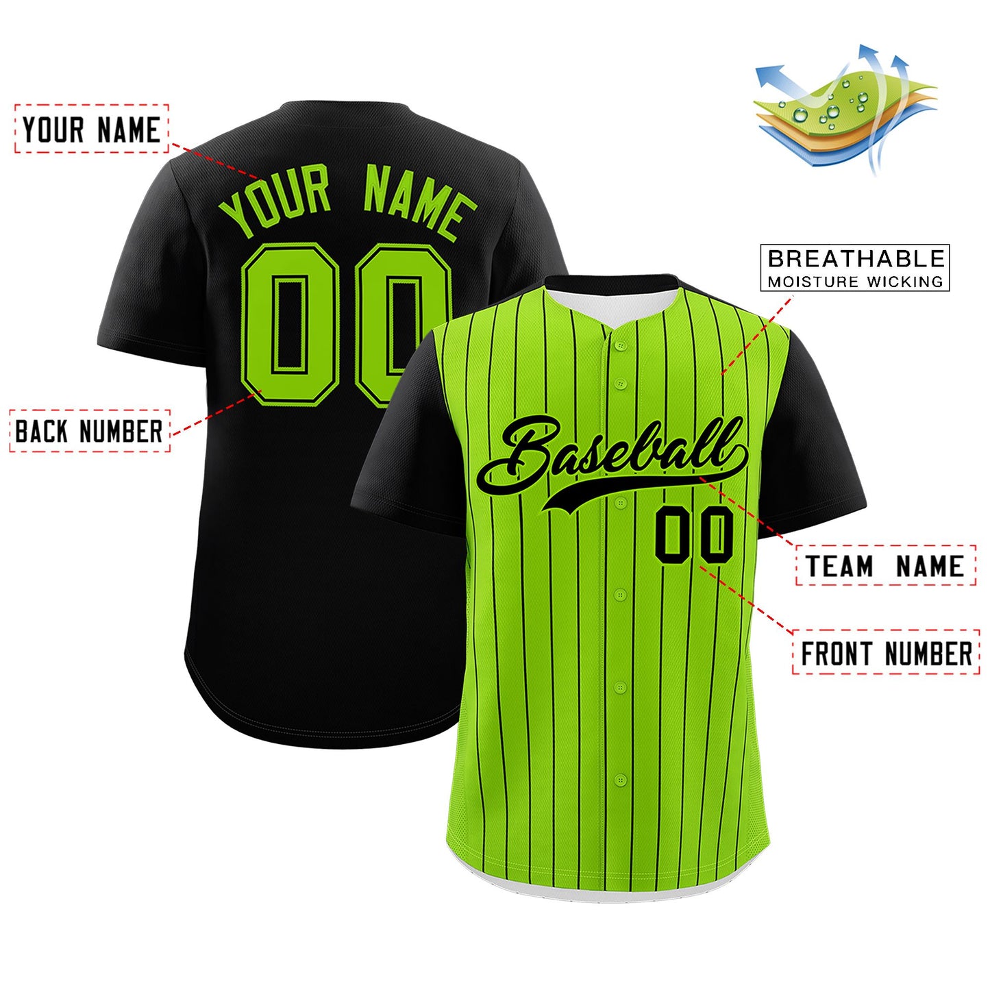 Custom Neon Green Black Pinstripe Personalized Two-Tone Authentic Baseball Jersey