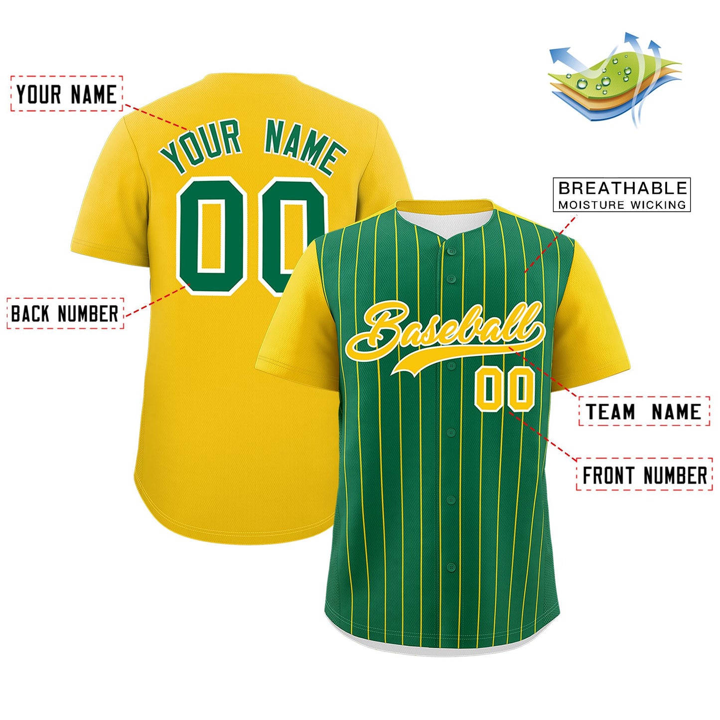 Custom Kelly Green Gold Pinstripe Personalized Two-Tone Authentic Baseball Jersey