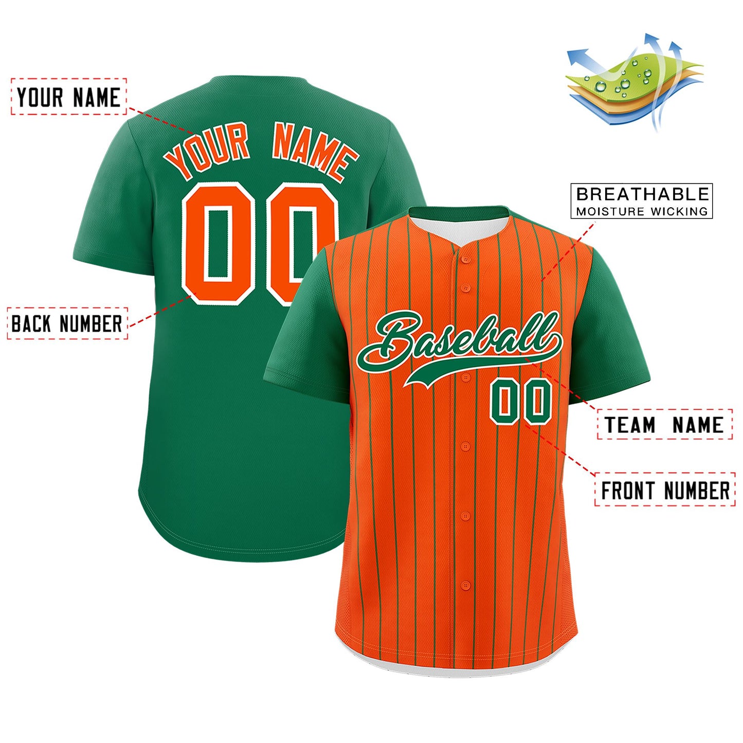 Custom Orange Kelly Green Pinstripe Personalized Two-Tone Authentic Baseball Jersey