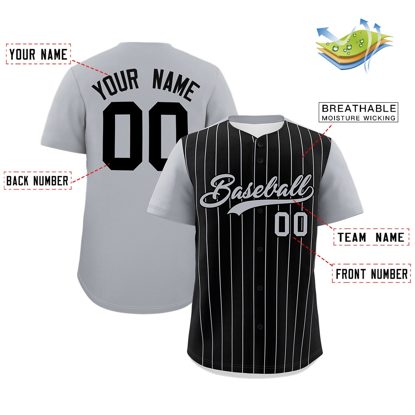 Custom Black Gray Pinstripe Personalized Two-Tone Authentic Baseball Jersey