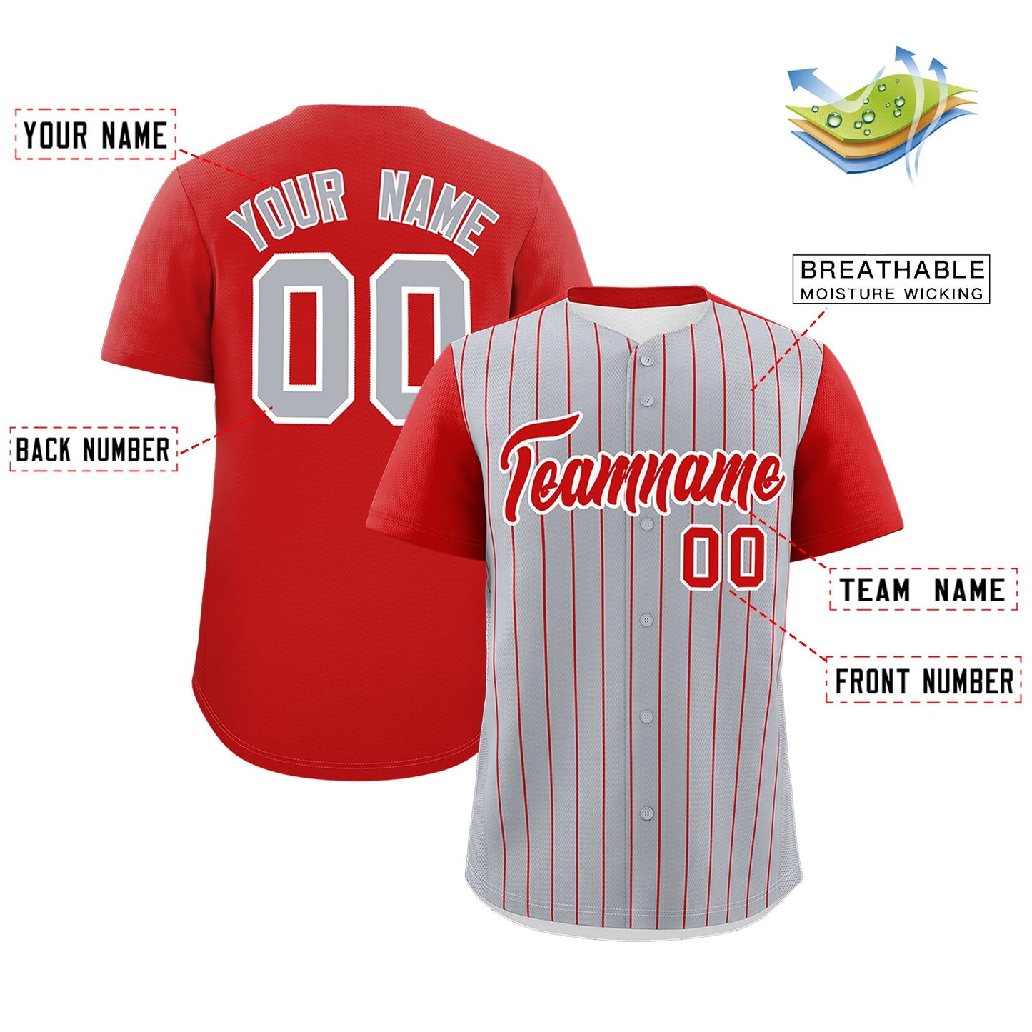 Custom Gray Red Pinstripe Personalized Two-Tone Authentic Baseball Jersey