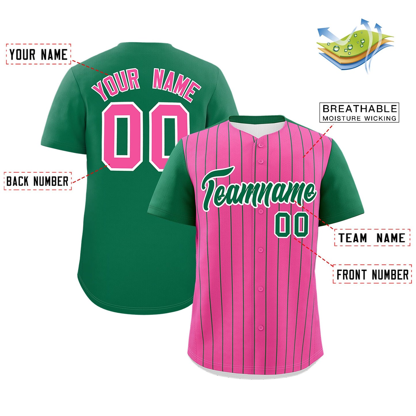 Custom Pink Kelly Green Pinstripe Personalized Two-Tone Authentic Baseball Jersey