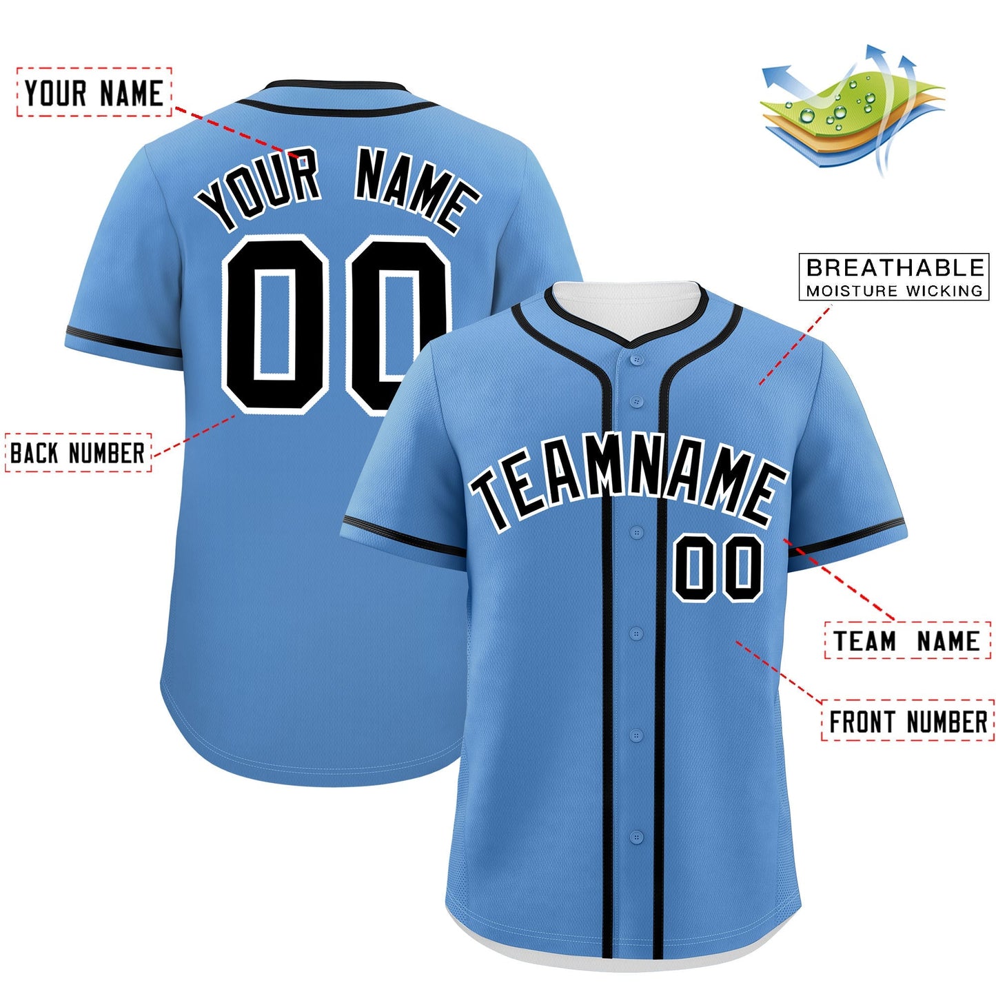 Custom Light Blue Black Personalized Classic Authentic Baseball Jersey