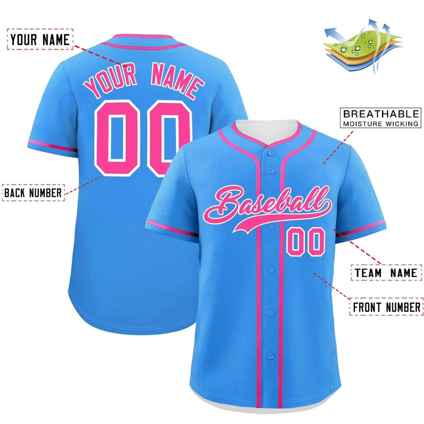 Custom Powder Blue Pink Personalized Classic Authentic Baseball Jersey