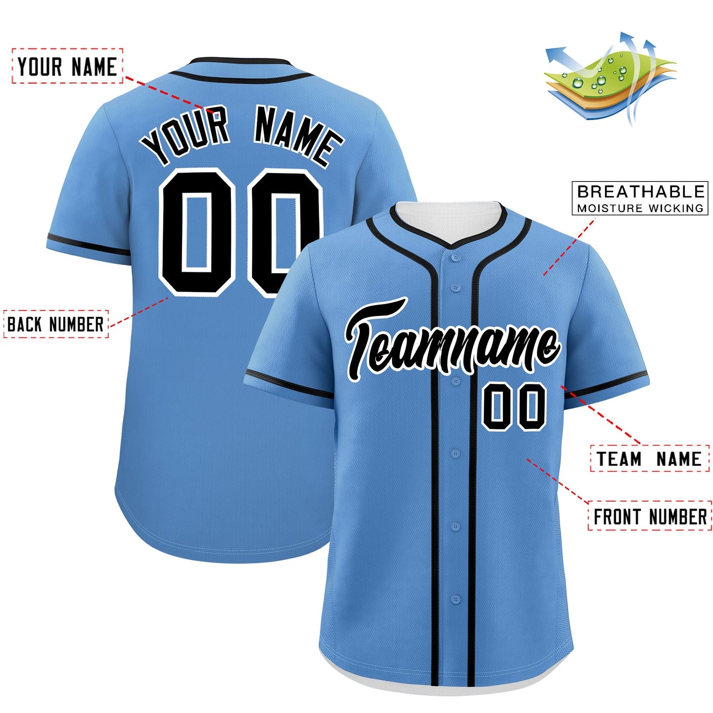 Custom Light Blue Black Personalized Classic Authentic Baseball Jersey