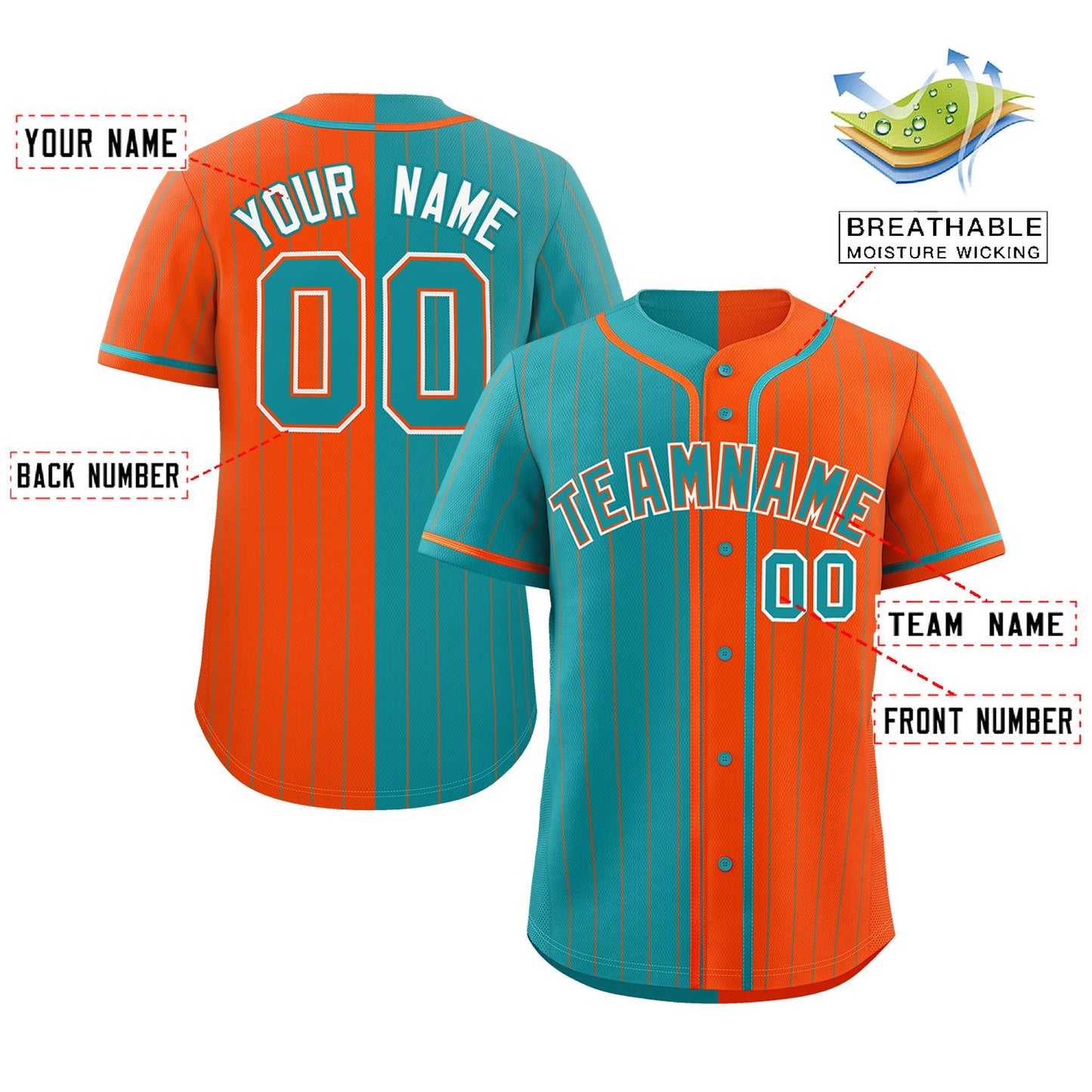 Custom Aqua Orange Two Tone Striped Fashion Authentic Baseball Jersey