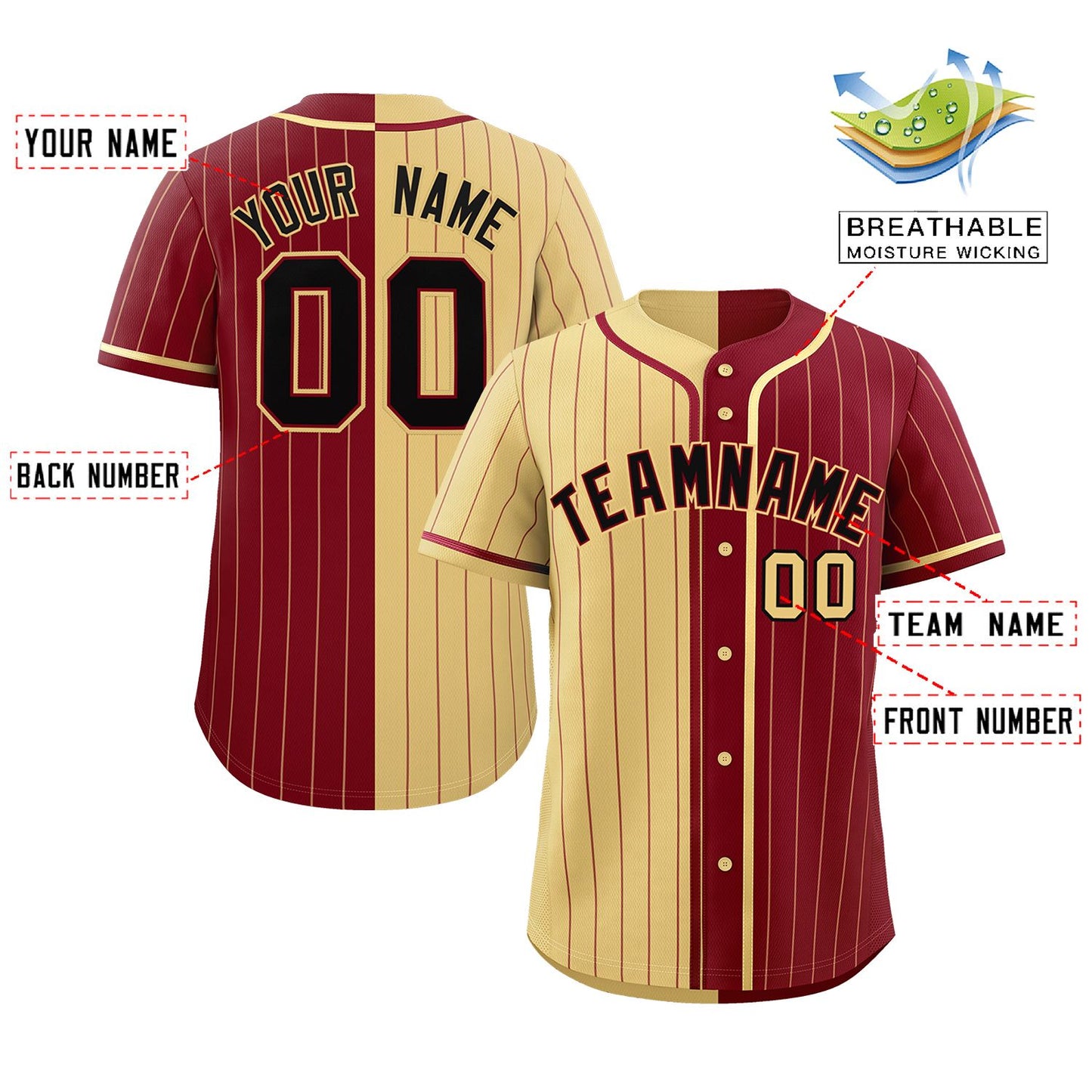 Custom Khaki Crimson Two Tone Striped Fashion Authentic Baseball Jersey