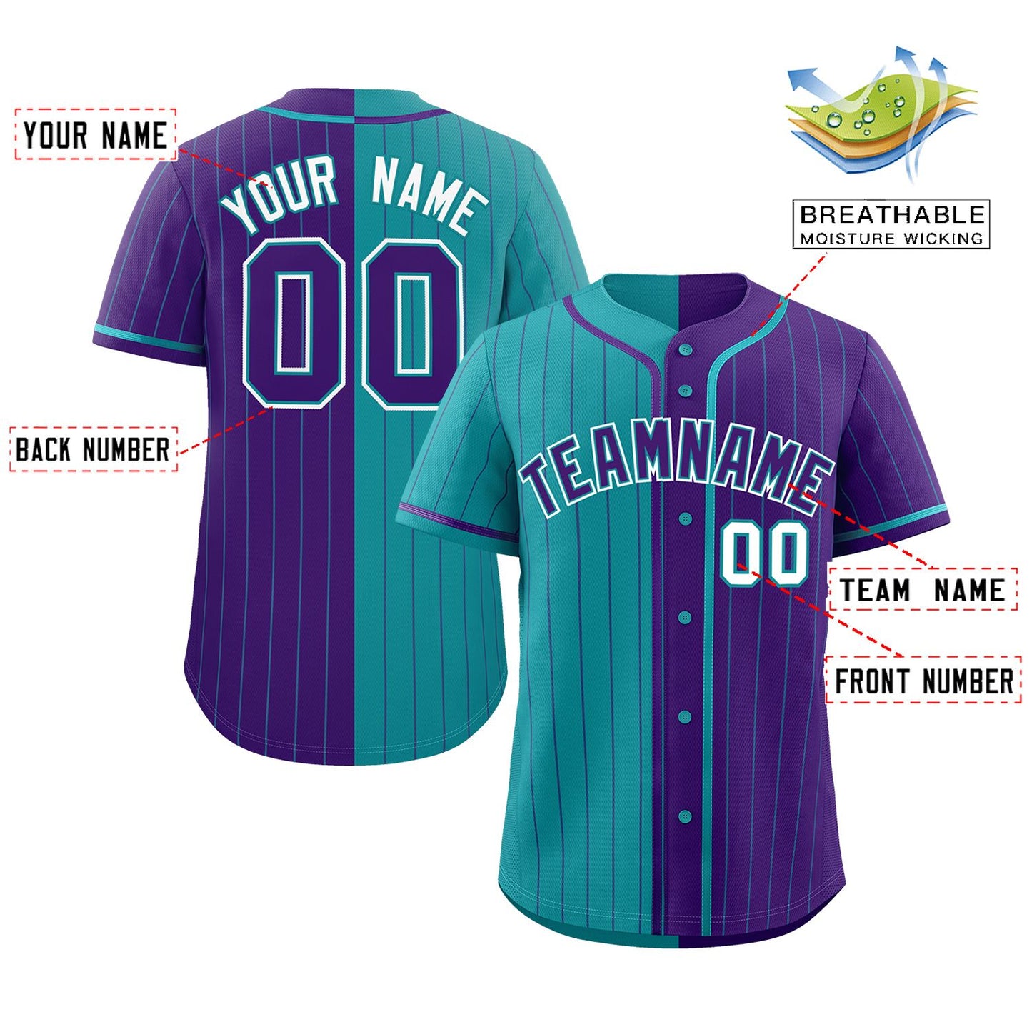 Custom Teal Purple Two Tone Striped Fashion Authentic Baseball Jersey