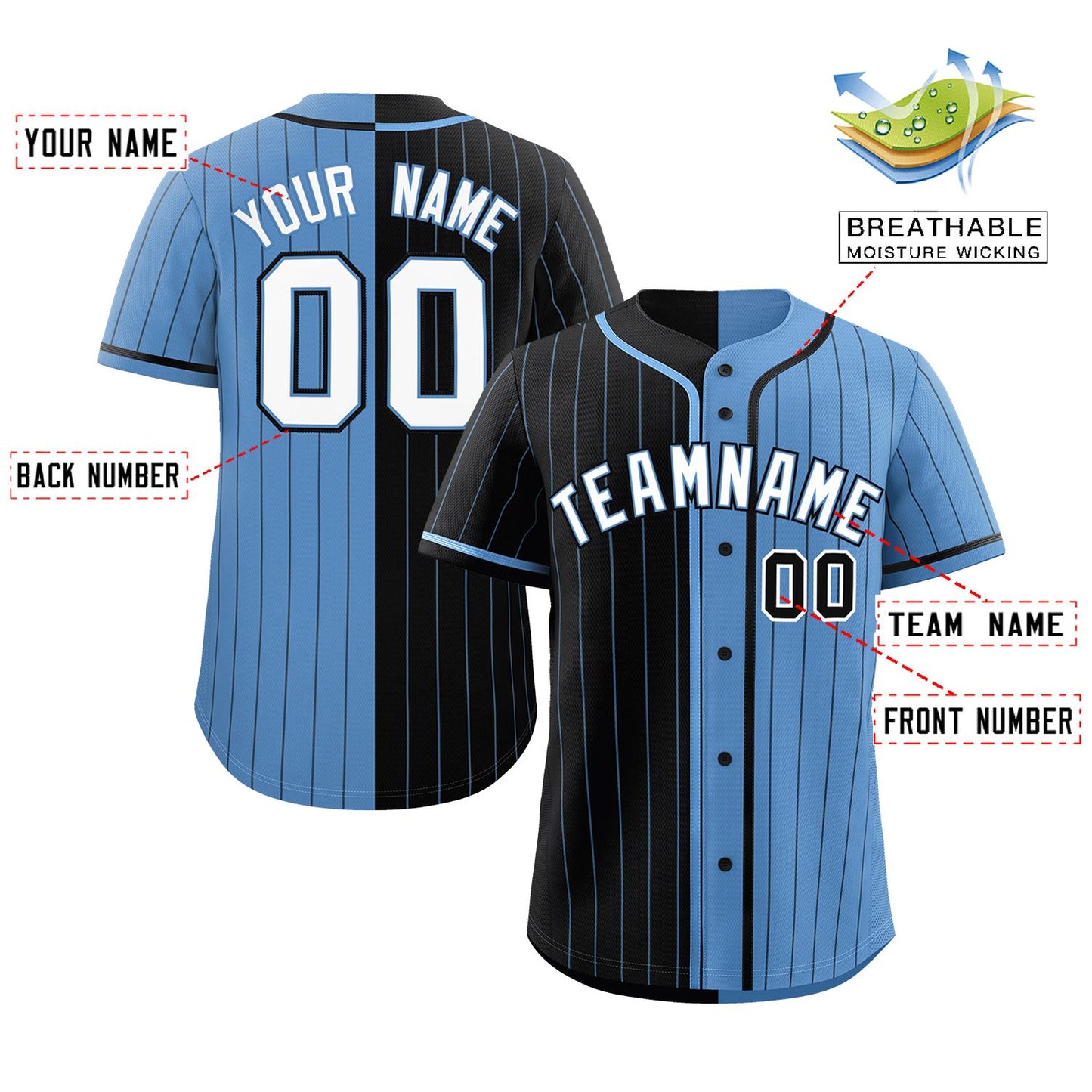 Custom Black Light Blue Two Tone Striped Fashion Authentic Baseball Jersey