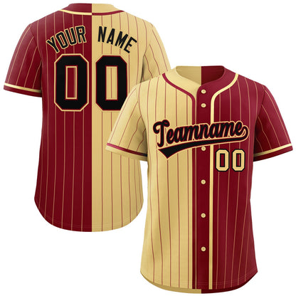 Custom Khaki Crimson Two Tone Striped Fashion Authentic Baseball Jersey