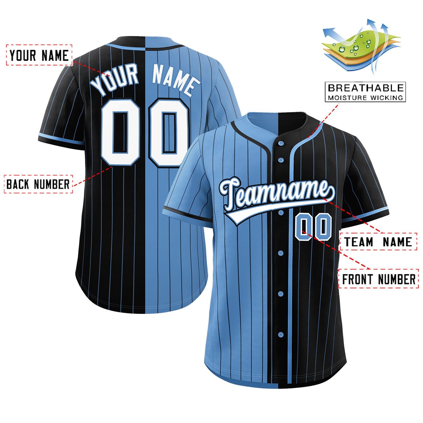 Custom Light Blue Black Two Tone Striped Fashion Authentic Baseball Jersey