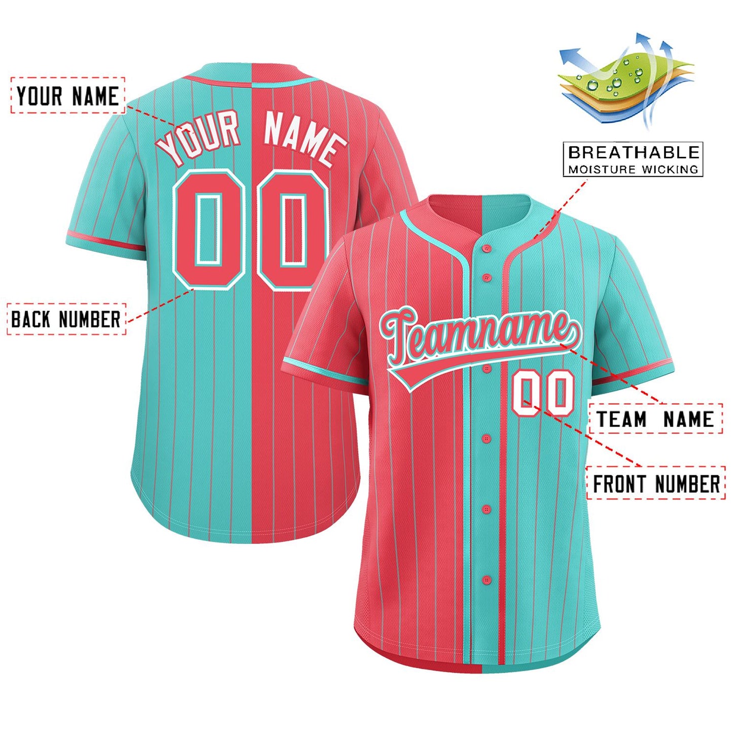 Custom Light Red Aqua Two Tone Striped Fashion Authentic Baseball Jersey