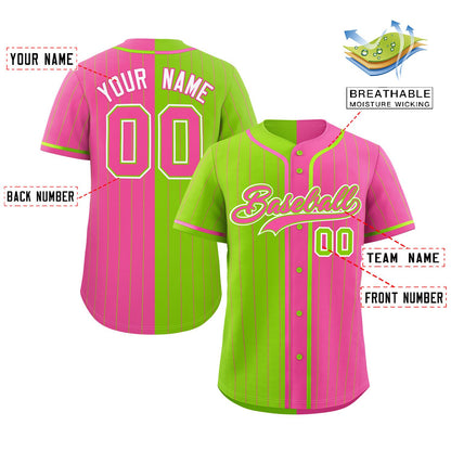 Custom Neon Green Pink Two Tone Striped Fashion Authentic Baseball Jersey