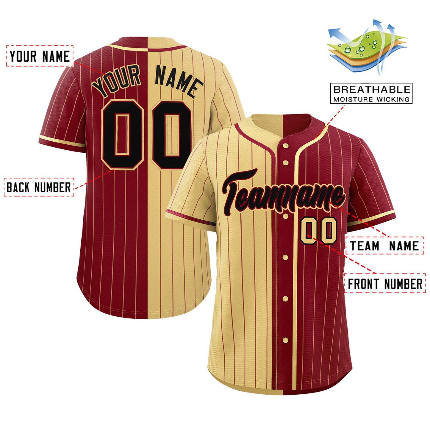 Custom Khaki Crimson Two Tone Striped Fashion Authentic Baseball Jersey