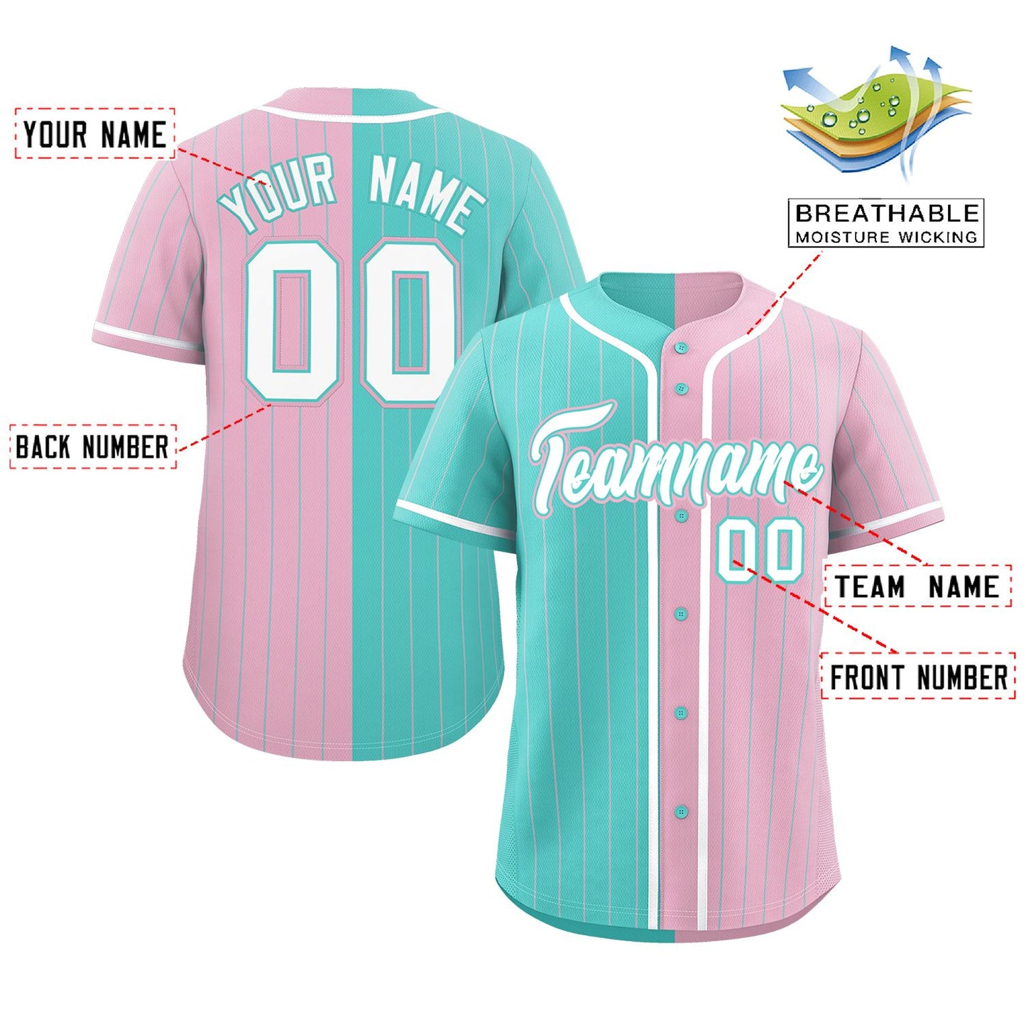 Custom Aqua Light Pink Two Tone Striped Fashion Authentic Baseball Jersey