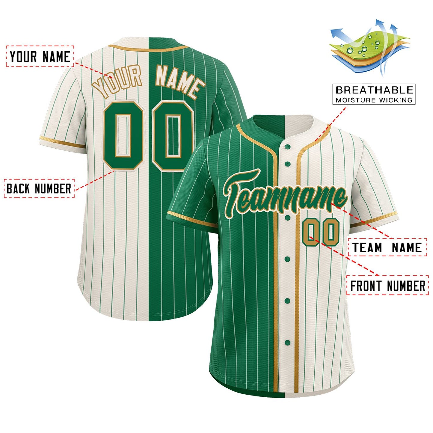 Custom Kelly Green Cream Two Tone Striped Fashion Authentic Baseball Jersey