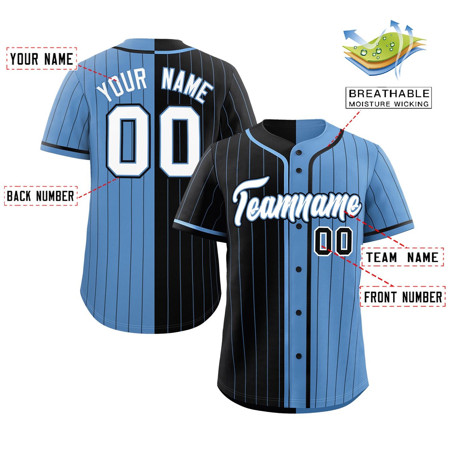 Custom Black Light Blue Two Tone Striped Fashion Authentic Baseball Jersey