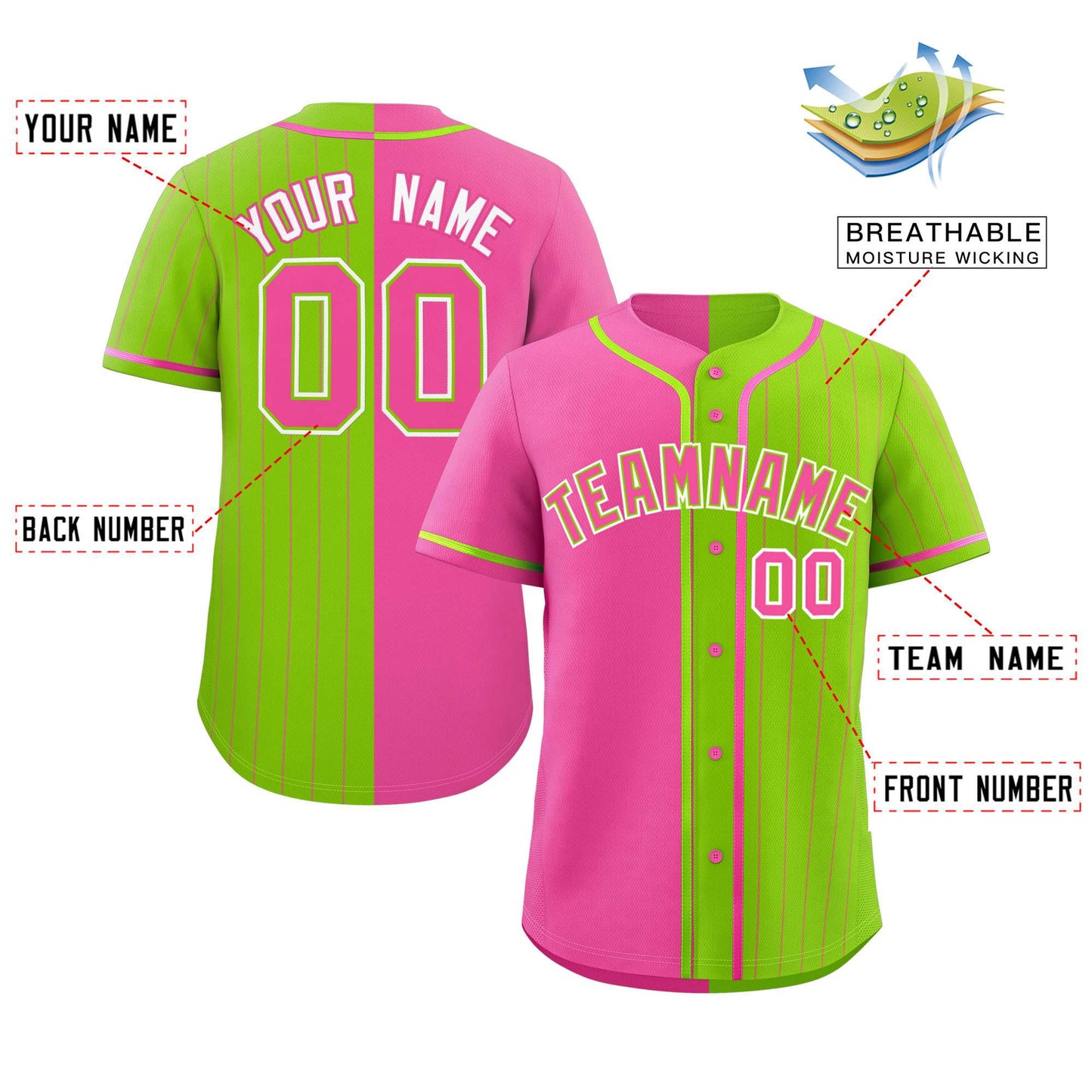 Custom Pink Neon Green Stripe-Solid Combo Fashion Authentic Baseball Jersey