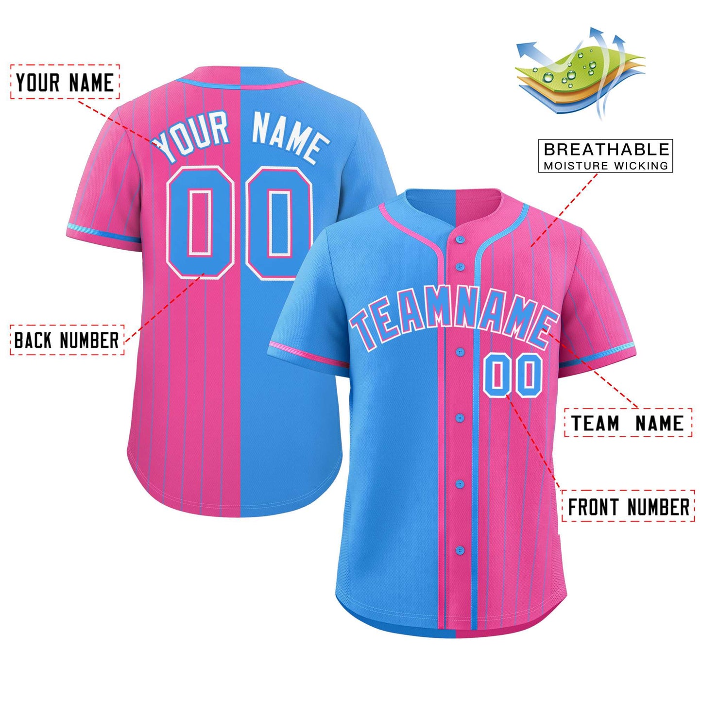 Custom Powder Blue Pink Stripe-Solid Combo Fashion Authentic Baseball Jersey