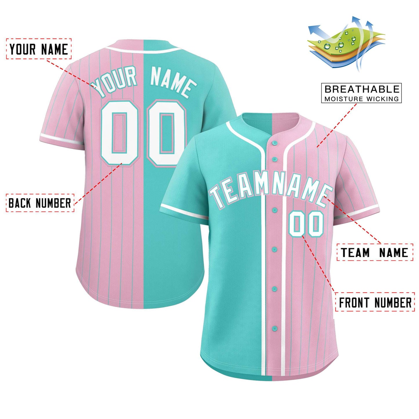 Custom Aqua Light Pink Stripe-Solid Combo Fashion Authentic Baseball Jersey