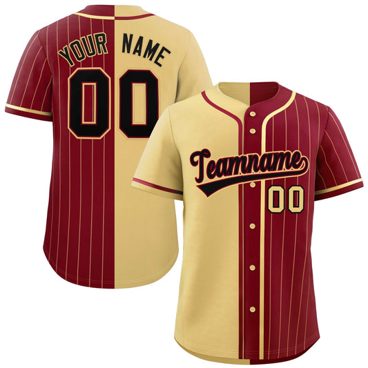 Custom Khaki Crimson Stripe-Solid Combo Fashion Authentic Baseball Jersey