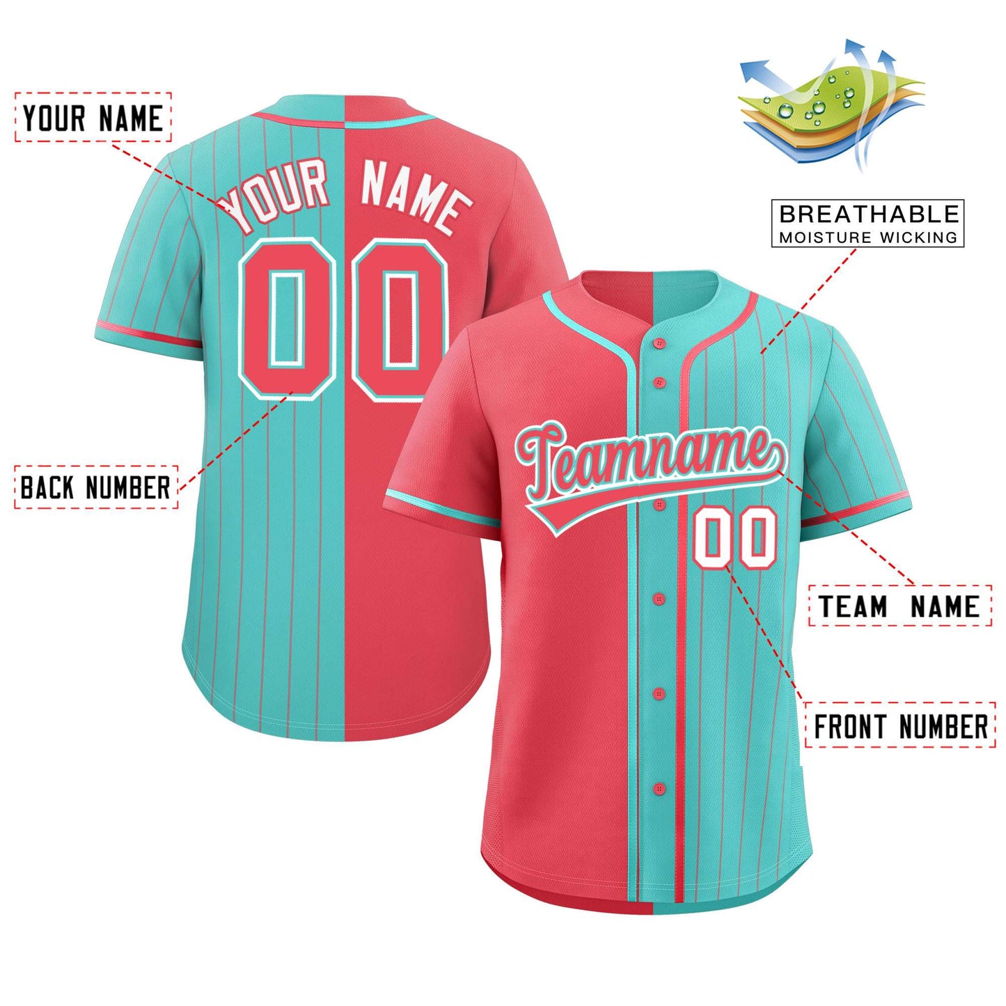 Custom Light Red Aqua Stripe-Solid Combo Fashion Authentic Baseball Jersey