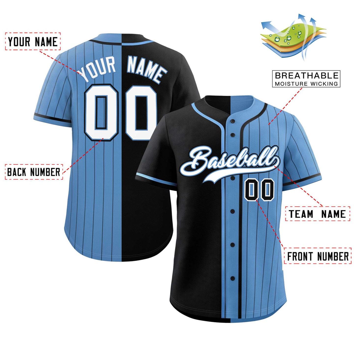 Custom Black Light Blue Stripe-Solid Combo Fashion Authentic Baseball Jersey