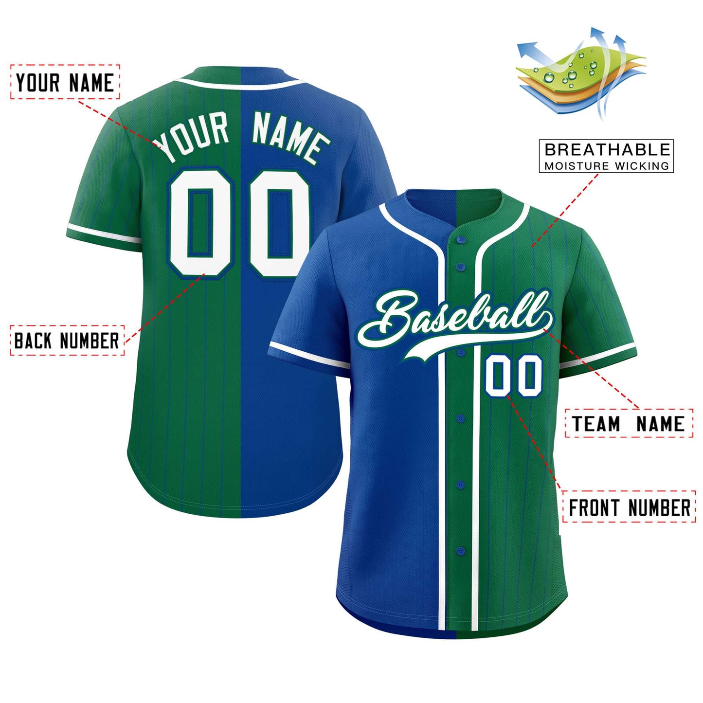 Custom Royal Kelly Green Stripe-Solid Combo Fashion Authentic Baseball Jersey