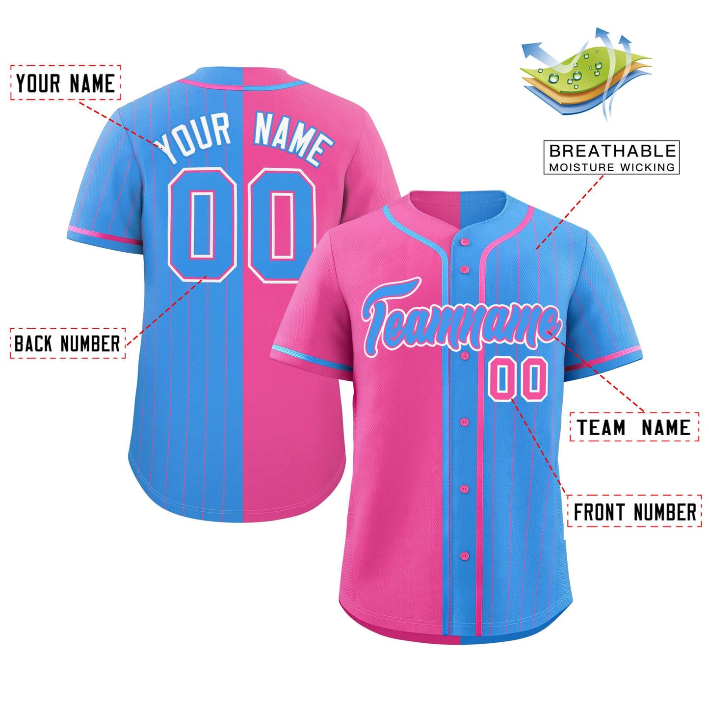 Custom Pink Powder Blue Stripe-Solid Combo Fashion Authentic Baseball Jersey