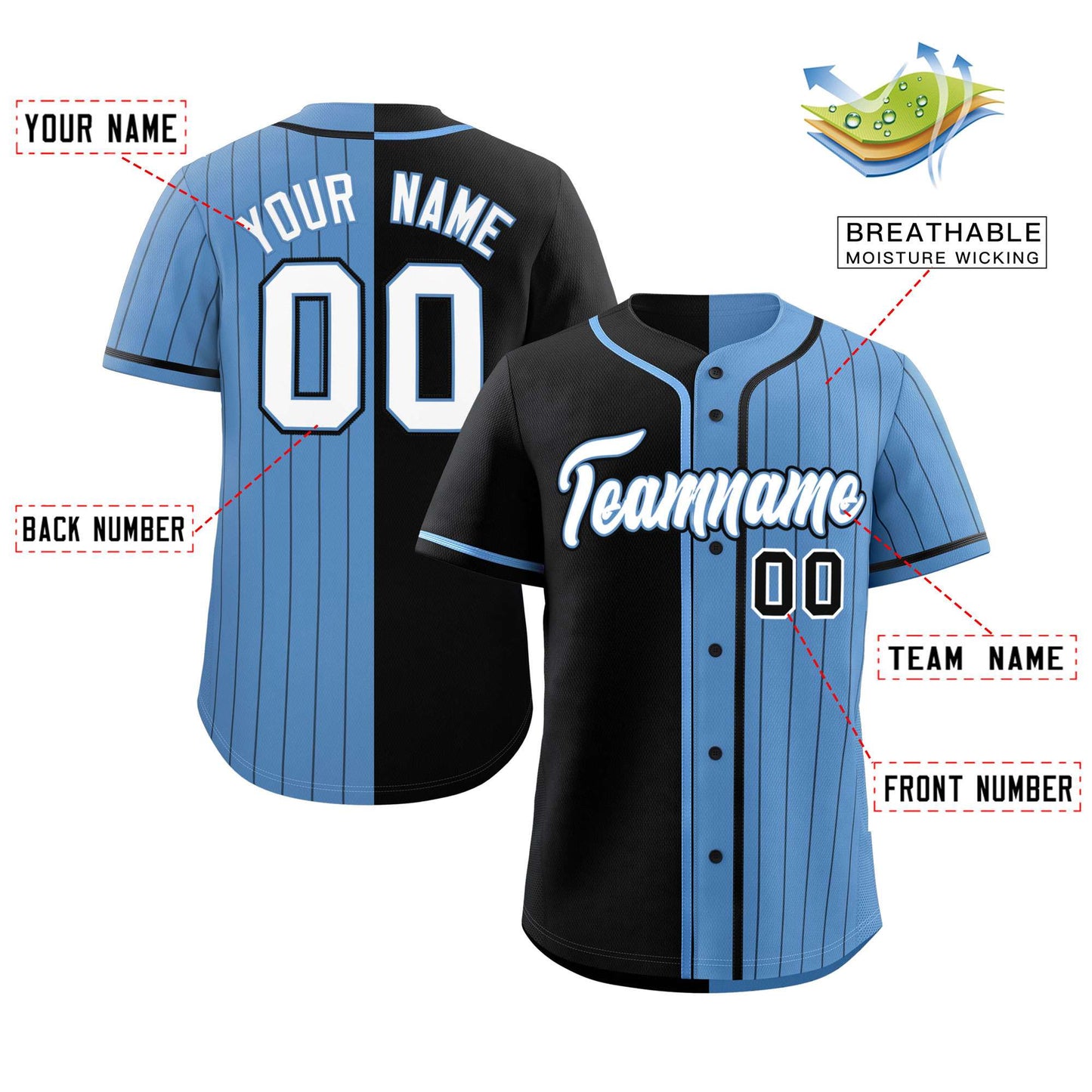 Custom Black Light Blue Stripe-Solid Combo Fashion Authentic Baseball Jersey