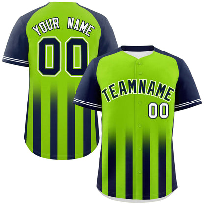 Custom Neon Green Navy Raglan Sleeves Gradient Thick Stripe Authentic Baseball Jersey