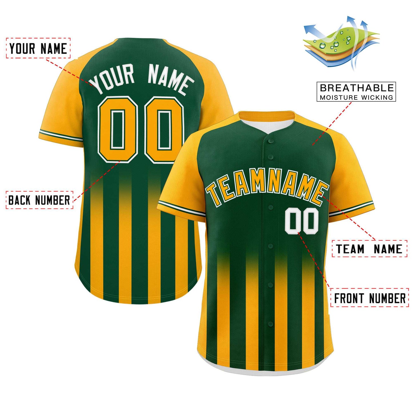 Custom Green Yellow Raglan Sleeves Gradient Thick Stripe Authentic Baseball Jersey