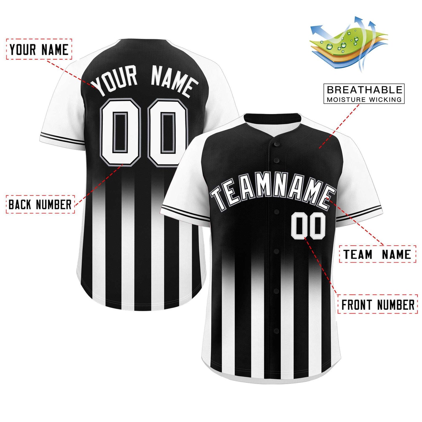 Custom Black White Raglan Sleeves Gradient Thick Stripe Authentic Baseball Jersey