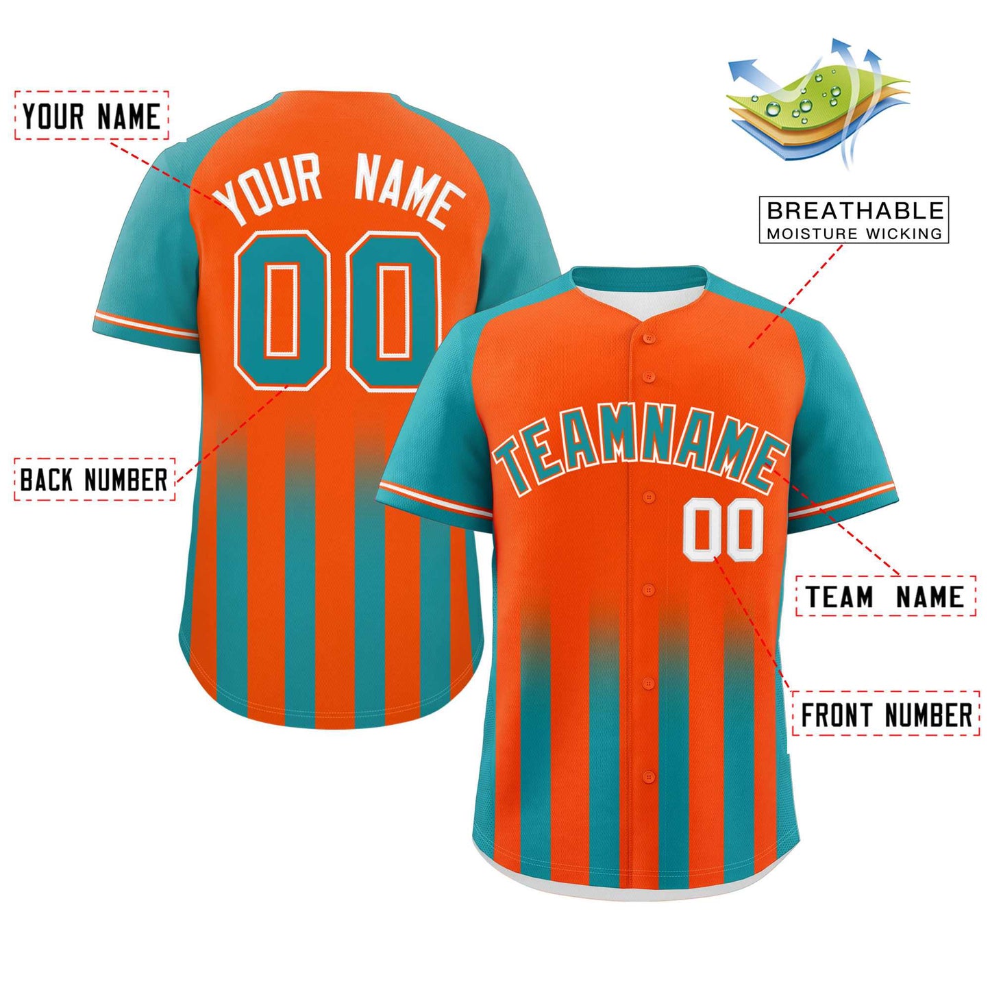 Custom Orange Aqua Raglan Sleeves Gradient Thick Stripe Authentic Baseball Jersey