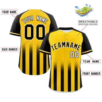 Custom Gold Black Raglan Sleeves Gradient Thick Stripe Authentic Baseball Jersey