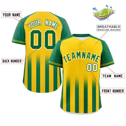 Custom Gold Kelly Green Raglan Sleeves Gradient Thick Stripe Authentic Baseball Jersey