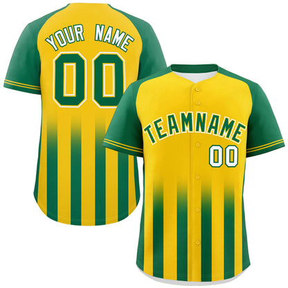 Custom Gold Kelly Green Raglan Sleeves Gradient Thick Stripe Authentic Baseball Jersey