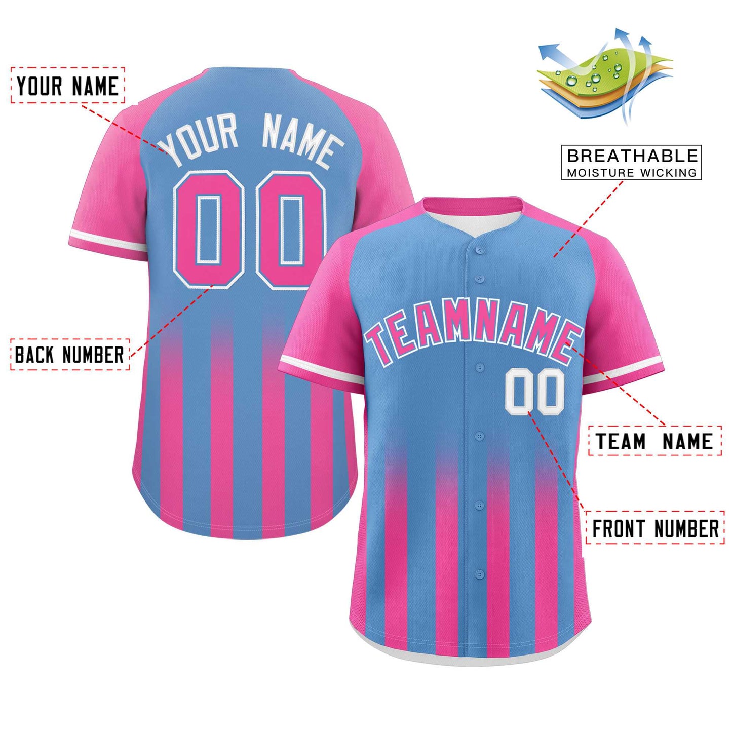 Custom Light Blue Pink Raglan Sleeves Gradient Thick Stripe Authentic Baseball Jersey