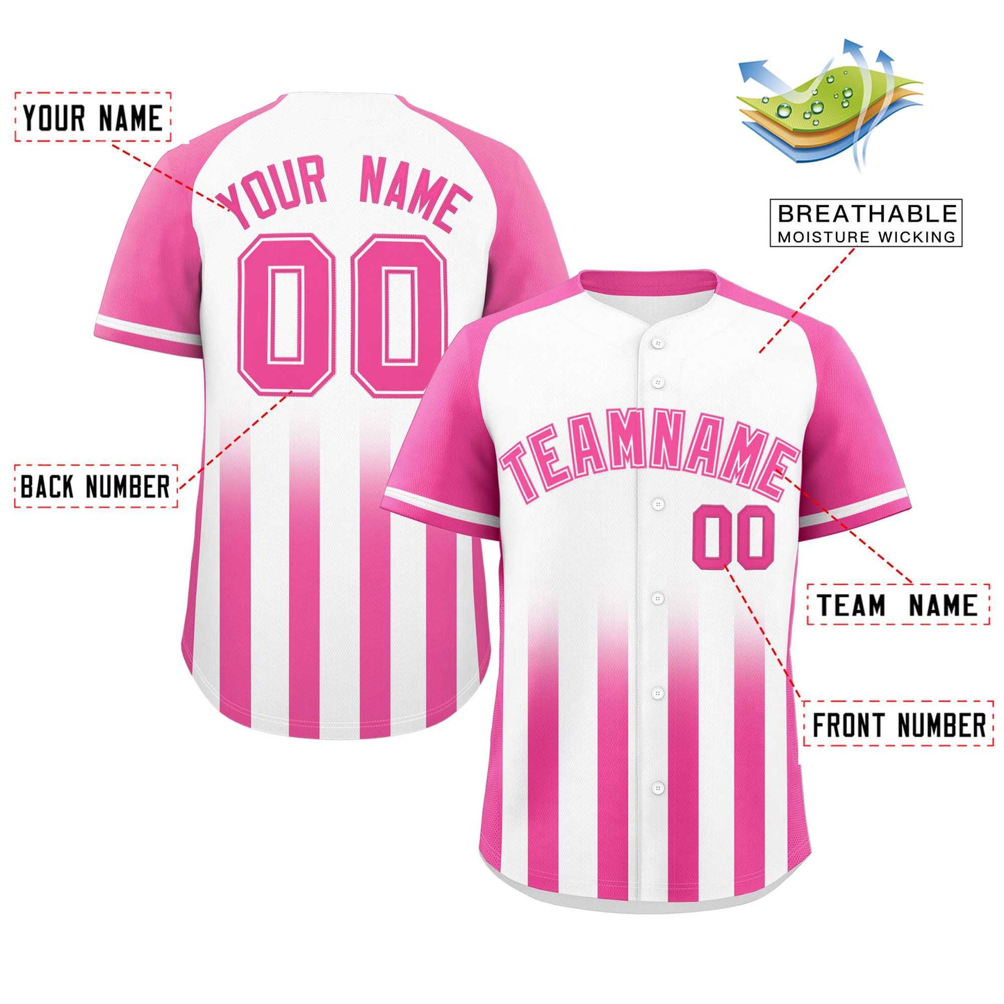 Custom White Pink Raglan Sleeves Gradient Thick Stripe Authentic Baseball Jersey