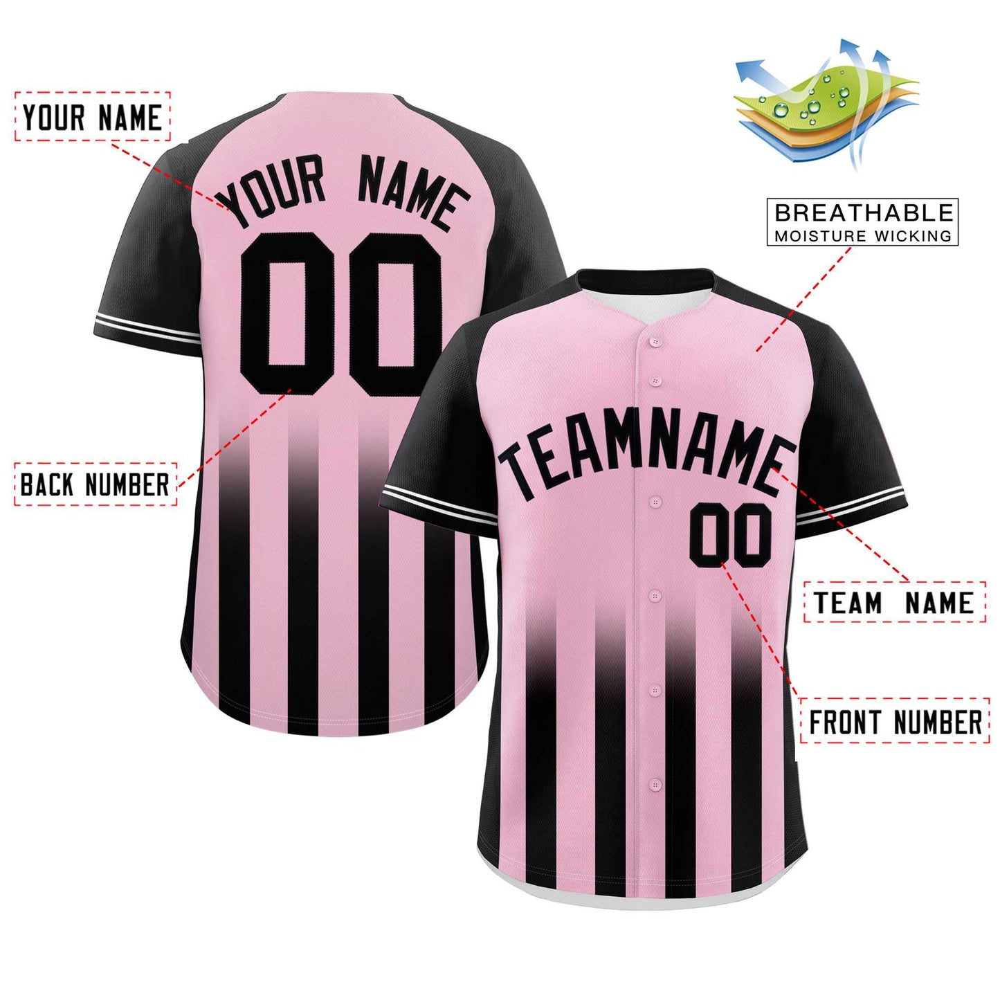 Custom Light Pink Black Raglan Sleeves Gradient Thick Stripe Authentic Baseball Jersey