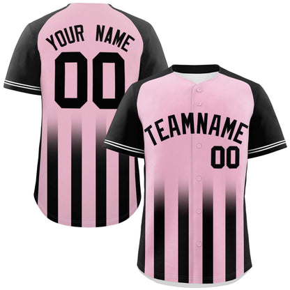 Custom Light Pink Black Raglan Sleeves Gradient Thick Stripe Authentic Baseball Jersey